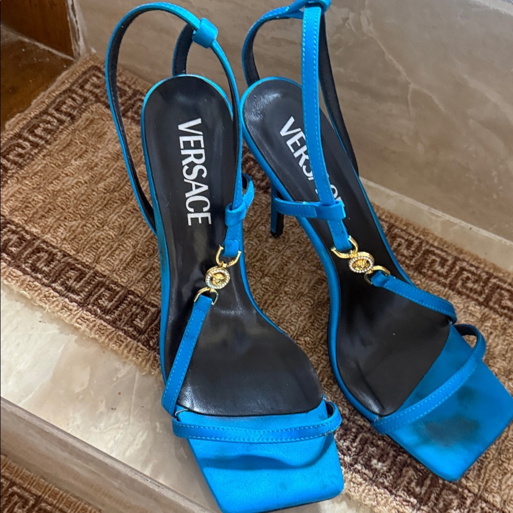 Versace Bright Turquoise Satin Slingback Heels with Gold Medusa - Picture 16 of 16